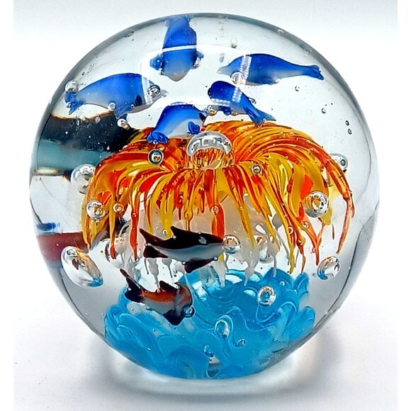 Murano Glass Tropical Fish Aquarium Art Paperweight 4.5" X 4.15" Handcrafted Wit - Picture 14 of 15